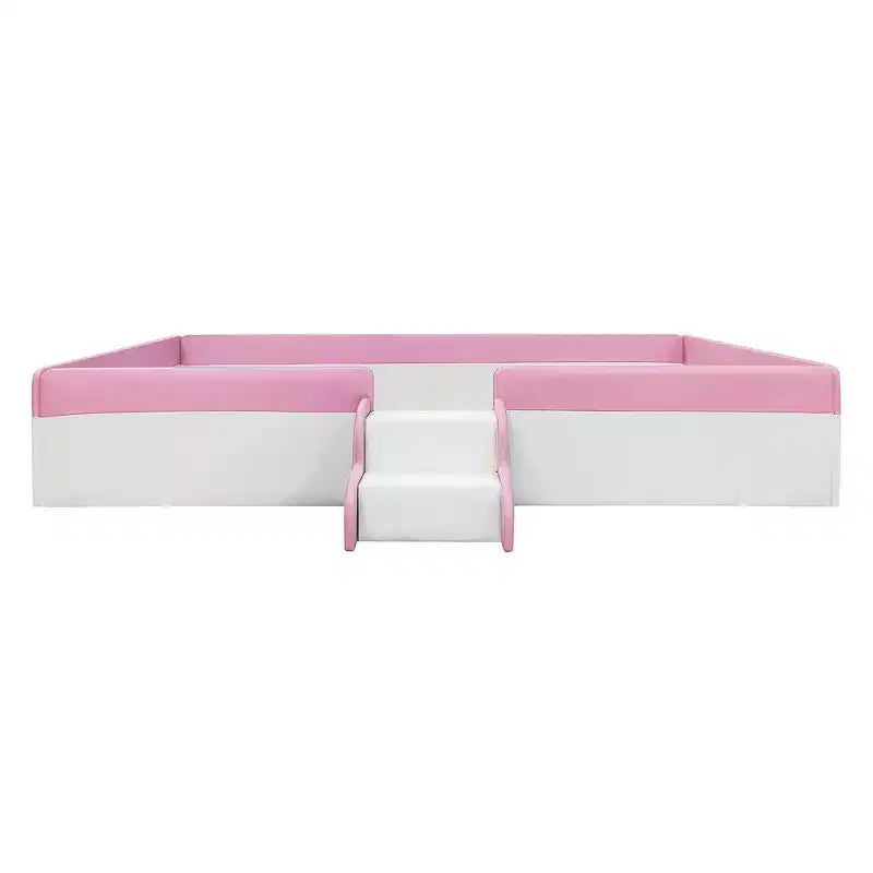 Cadre de lit de repos capitonné Luxystar de taille double avec clôture et escalier pour chambre d'enfant, rose+blanc