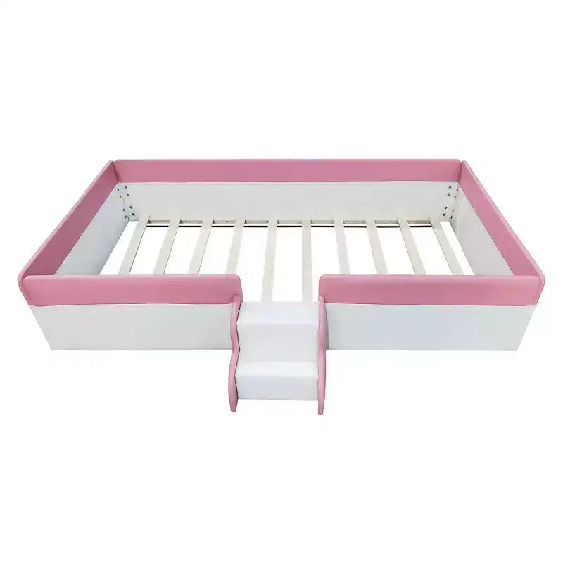 Cadre de lit de repos capitonné Luxystar de taille double avec clôture et escalier pour chambre d'enfant, rose+blanc