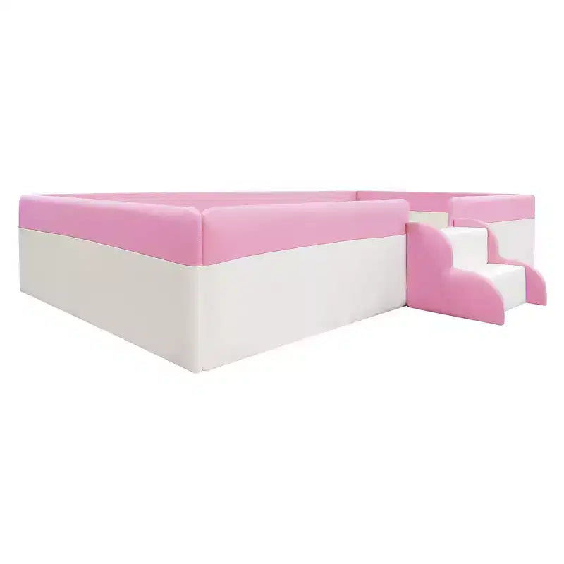 Cadre de lit de repos capitonné Luxystar de taille double avec clôture et escalier pour chambre d'enfant, rose+blanc