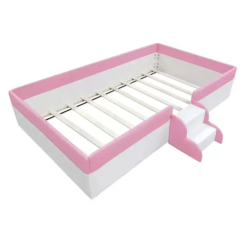 Cadre de lit de repos capitonné Luxystar de taille double avec clôture et escalier pour chambre d'enfant, rose+blanc