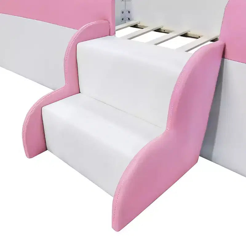 Cadre de lit de repos capitonné Luxystar de taille double avec clôture et escalier pour chambre d'enfant, rose+blanc