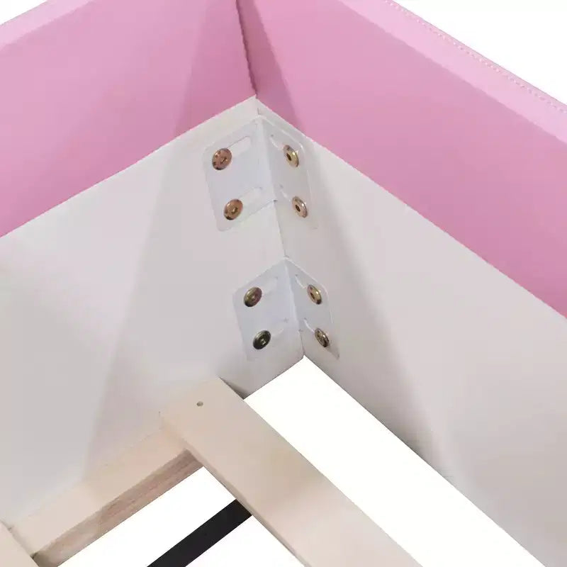 Cadre de lit de repos capitonné Luxystar de taille double avec clôture et escalier pour chambre d'enfant, rose+blanc