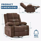 Fauteuil inclinable pivotant et à bascule 360, Fauteuils inclinables surdimensionnés, 3 positions, Porte-gobelets, Poche latérale, Fauteuil de salon large pour personnes fortes