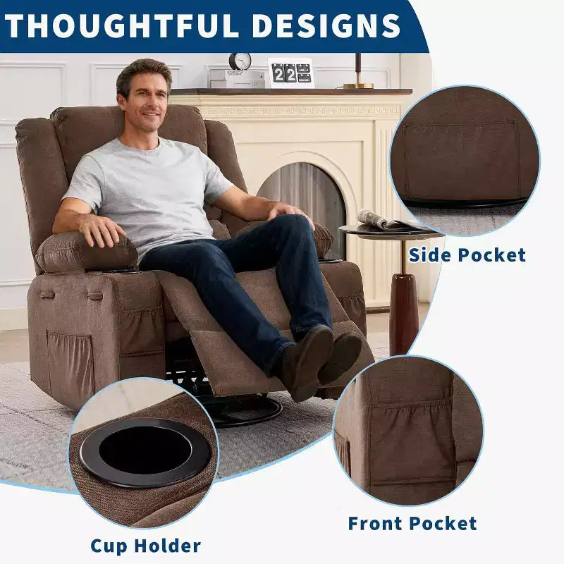 Fauteuil inclinable pivotant et à bascule 360, Fauteuils inclinables surdimensionnés, 3 positions, Porte-gobelets, Poche latérale, Fauteuil de salon large pour personnes fortes