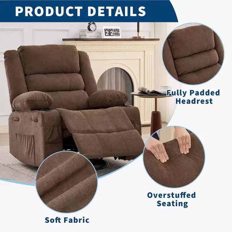 Fauteuil inclinable pivotant et à bascule 360, Fauteuils inclinables surdimensionnés, 3 positions, Porte-gobelets, Poche latérale, Fauteuil de salon large pour personnes fortes