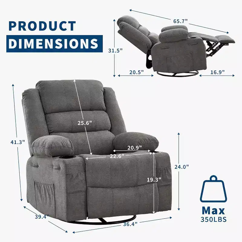 Fauteuil inclinable pivotant et à bascule 360, Fauteuils inclinables surdimensionnés, 3 positions, Porte-gobelets, Poche latérale, Fauteuil de salon large pour personnes fortes