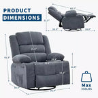 Fauteuil inclinable pivotant et à bascule 360, Fauteuils inclinables surdimensionnés, 3 positions, Porte-gobelets, Poche latérale, Fauteuil de salon large pour personnes fortes