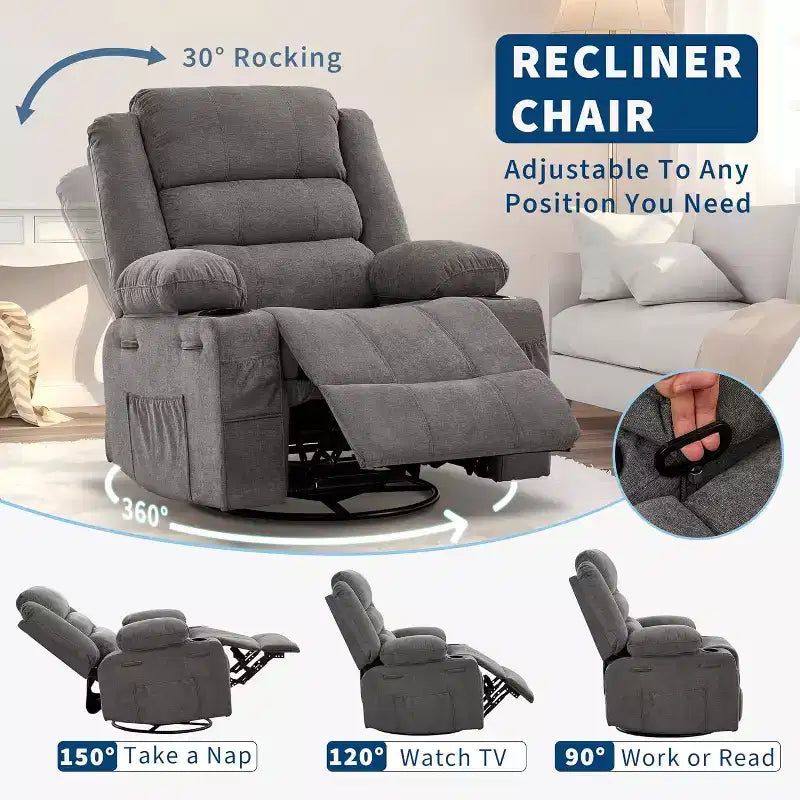 Fauteuil inclinable pivotant et à bascule 360, Fauteuils inclinables surdimensionnés, 3 positions, Porte-gobelets, Poche latérale, Fauteuil de salon large pour personnes fortes
