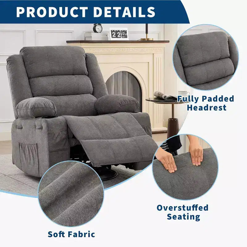 Fauteuil inclinable pivotant et à bascule 360, Fauteuils inclinables surdimensionnés, 3 positions, Porte-gobelets, Poche latérale, Fauteuil de salon large pour personnes fortes