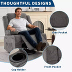 Fauteuil inclinable pivotant et à bascule 360, Fauteuils inclinables surdimensionnés, 3 positions, Porte-gobelets, Poche latérale, Fauteuil de salon large pour personnes fortes