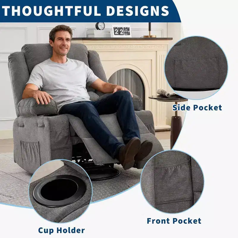 Fauteuil inclinable pivotant et à bascule 360, Fauteuils inclinables surdimensionnés, 3 positions, Porte-gobelets, Poche latérale, Fauteuil de salon large pour personnes fortes