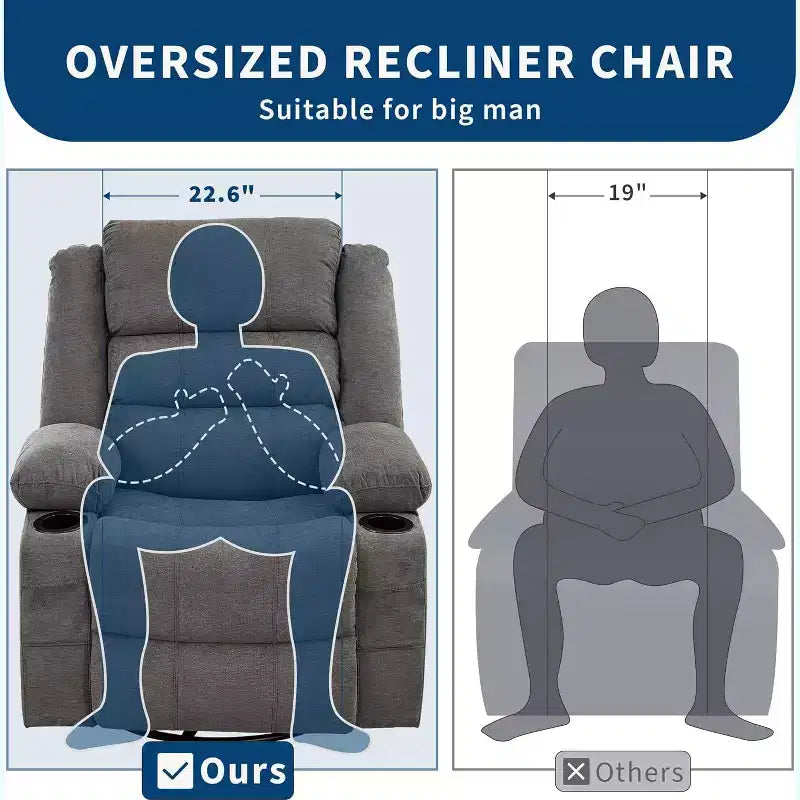 Fauteuil inclinable pivotant et à bascule 360, Fauteuils inclinables surdimensionnés, 3 positions, Porte-gobelets, Poche latérale, Fauteuil de salon large pour personnes fortes
