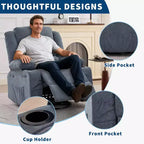 Fauteuil inclinable pivotant et à bascule 360, Fauteuils inclinables surdimensionnés, 3 positions, Porte-gobelets, Poche latérale, Fauteuil de salon large pour personnes fortes