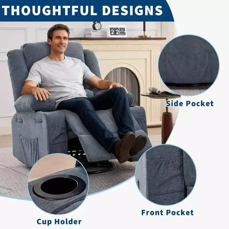 Fauteuil inclinable pivotant et à bascule 360, Fauteuils inclinables surdimensionnés, 3 positions, Porte-gobelets, Poche latérale, Fauteuil de salon large pour personnes fortes