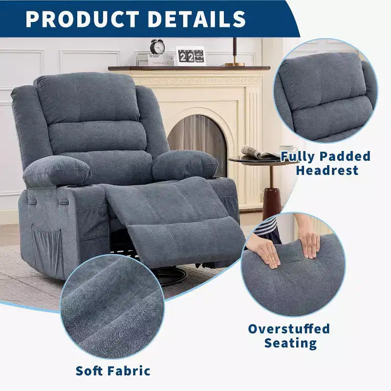 Fauteuil inclinable pivotant et à bascule 360, Fauteuils inclinables surdimensionnés, 3 positions, Porte-gobelets, Poche latérale, Fauteuil de salon large pour personnes fortes