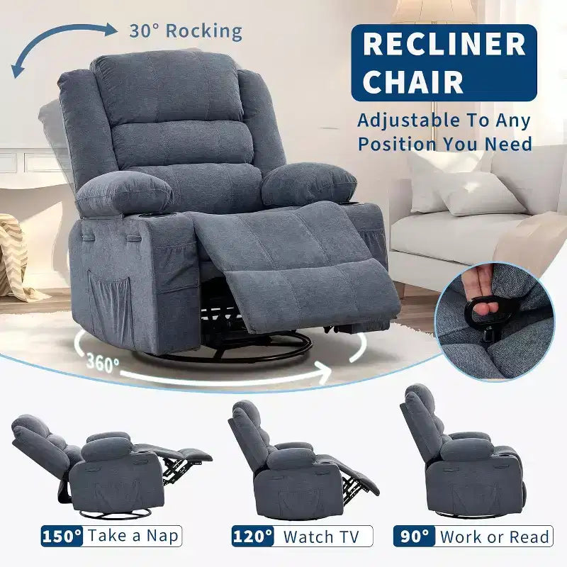 Fauteuil inclinable pivotant et à bascule 360, Fauteuils inclinables surdimensionnés, 3 positions, Porte-gobelets, Poche latérale, Fauteuil de salon large pour personnes fortes