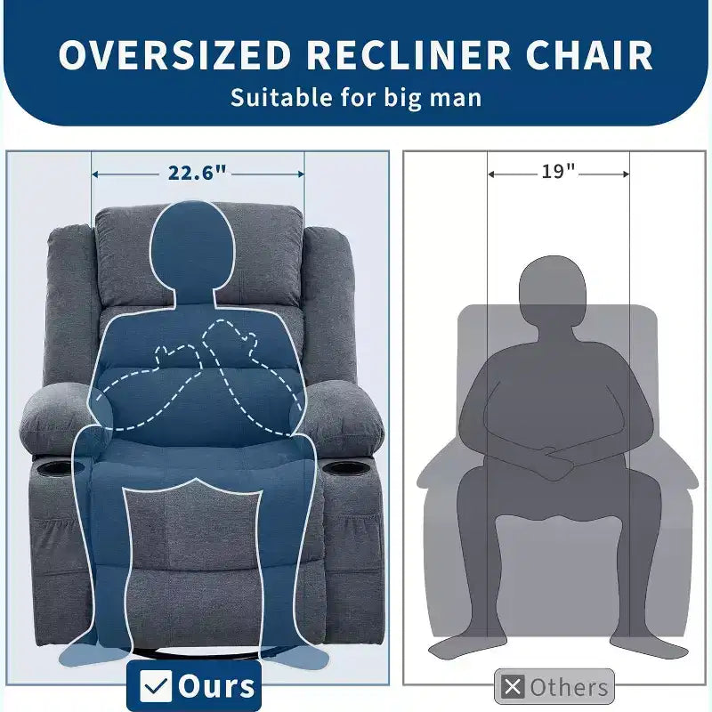 Fauteuil inclinable pivotant et à bascule 360, Fauteuils inclinables surdimensionnés, 3 positions, Porte-gobelets, Poche latérale, Fauteuil de salon large pour personnes fortes