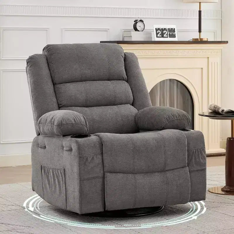 Fauteuil inclinable pivotant et à bascule 360, Fauteuils inclinables surdimensionnés, 3 positions, Porte-gobelets, Poche latérale, Fauteuil de salon large pour personnes fortes