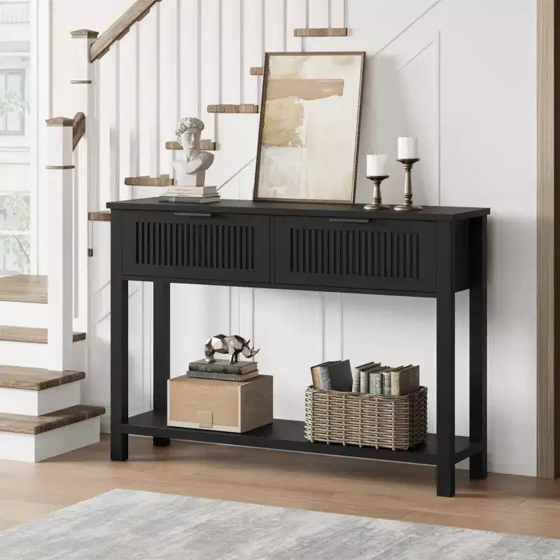 Coolmee 43.3 Old-Fashioned Console Table C Slim Vintage Entryway Sofa Table in Warm Wood Finish with 2 Drawers for Living Room & Hallway - Black