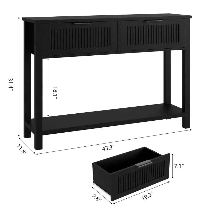 Coolmee 43,3 pouces Console de style ancien Table d'entrée vintage étroite en finition bois chaud avec 2 tiroirs pour salon et couloir - Noir