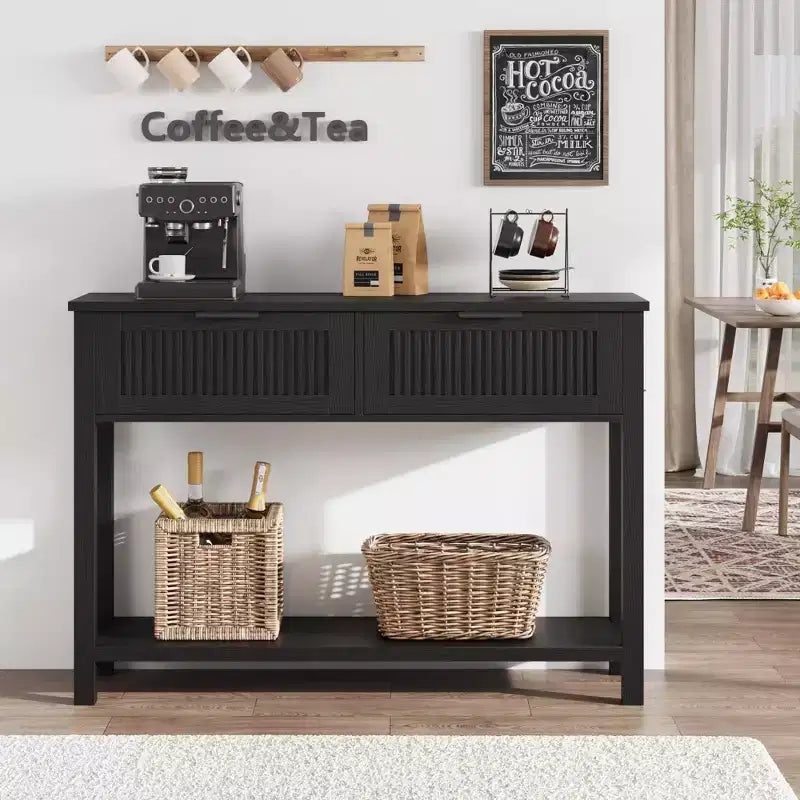 Coolmee 43,3 pouces Console de style ancien Table d'entrée vintage étroite en finition bois chaud avec 2 tiroirs pour salon et couloir - Noir