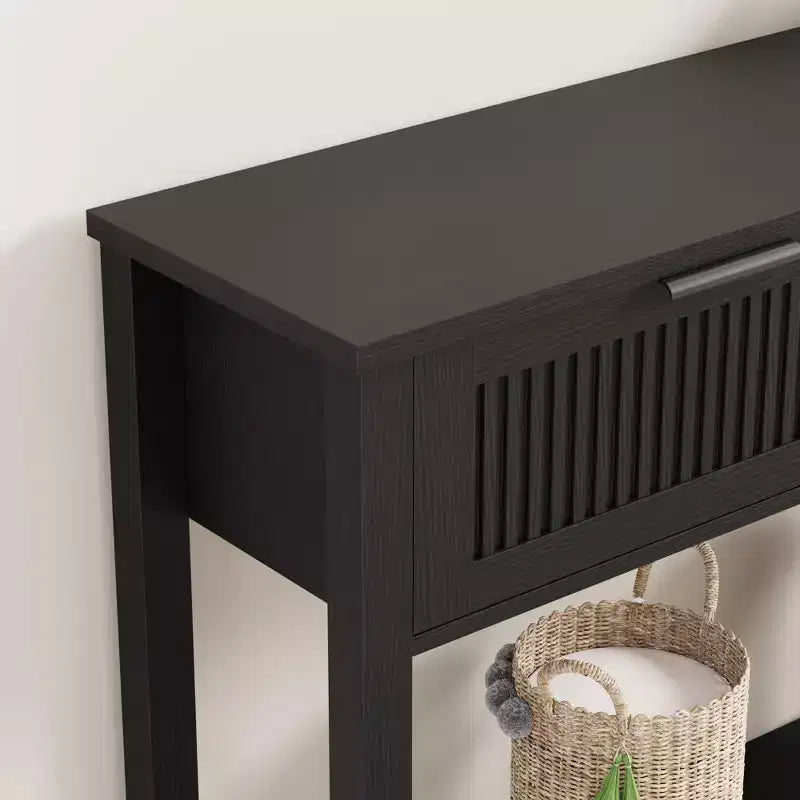 Coolmee 43,3 pouces Console de style ancien Table d'entrée vintage étroite en finition bois chaud avec 2 tiroirs pour salon et couloir - Noir