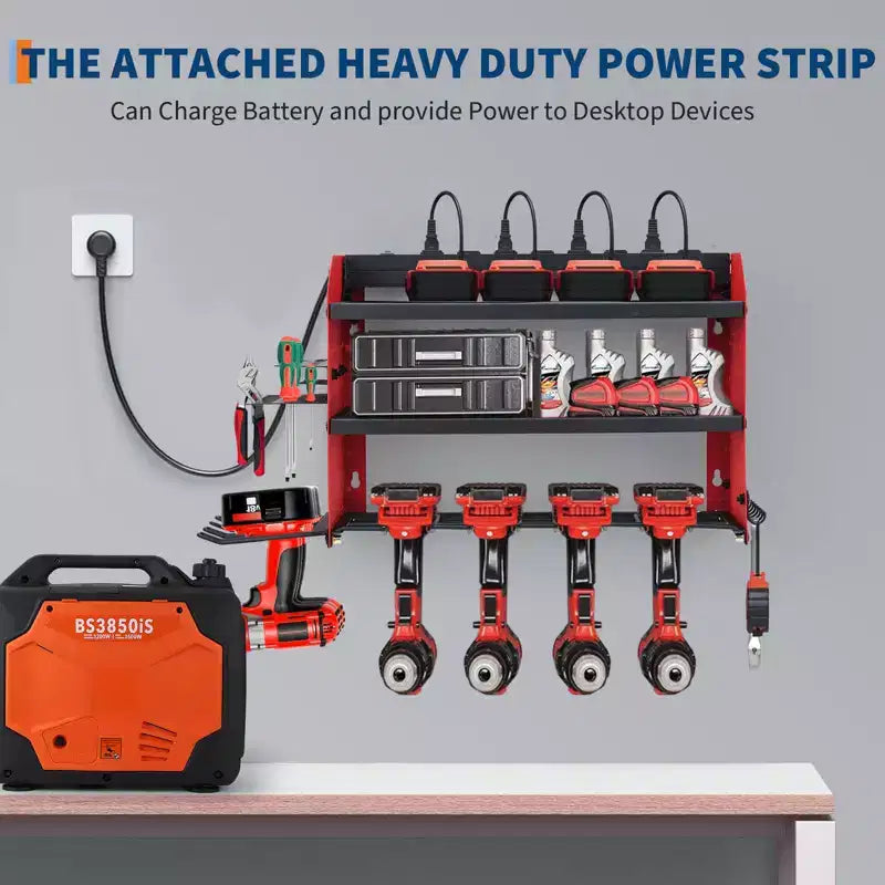 Organisateur d'outils électriques, support de perceuse mural, étagère de rangement pour perceuses robuste à 4 couches charge 180 kg, 8 supports de perceuse et porte-embouts, rangement utilitaire