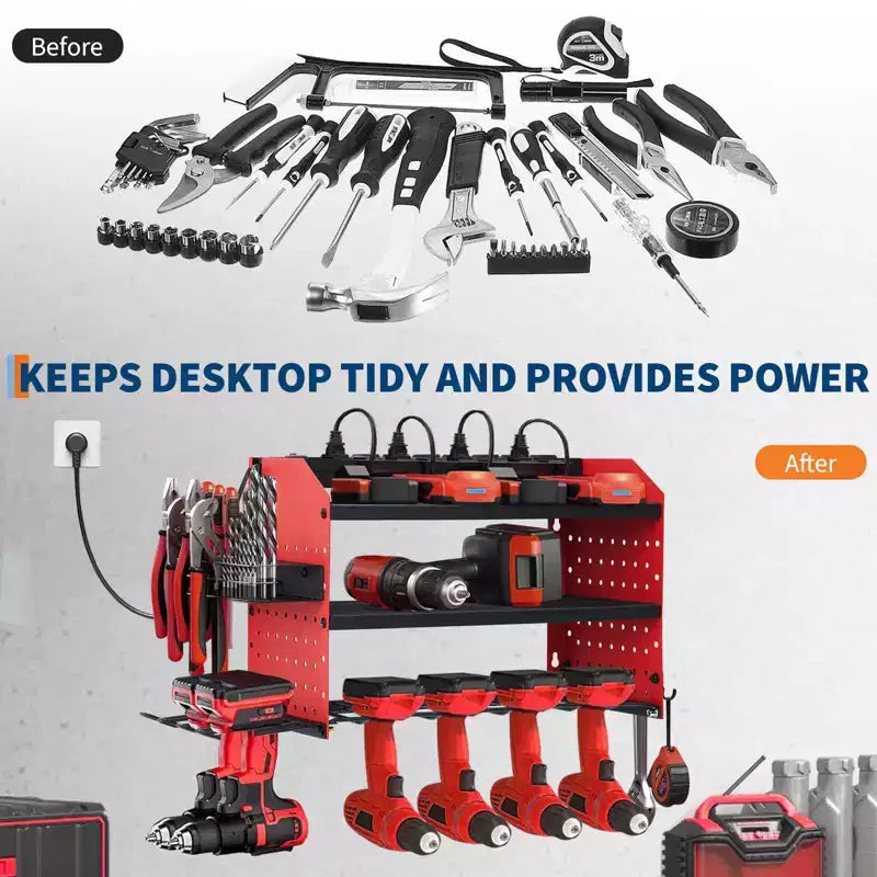 Organisateur d'outils électriques, support de perceuse mural, étagère de rangement pour perceuses robuste à 4 couches charge 180 kg, 8 supports de perceuse et porte-embouts, rangement utilitaire