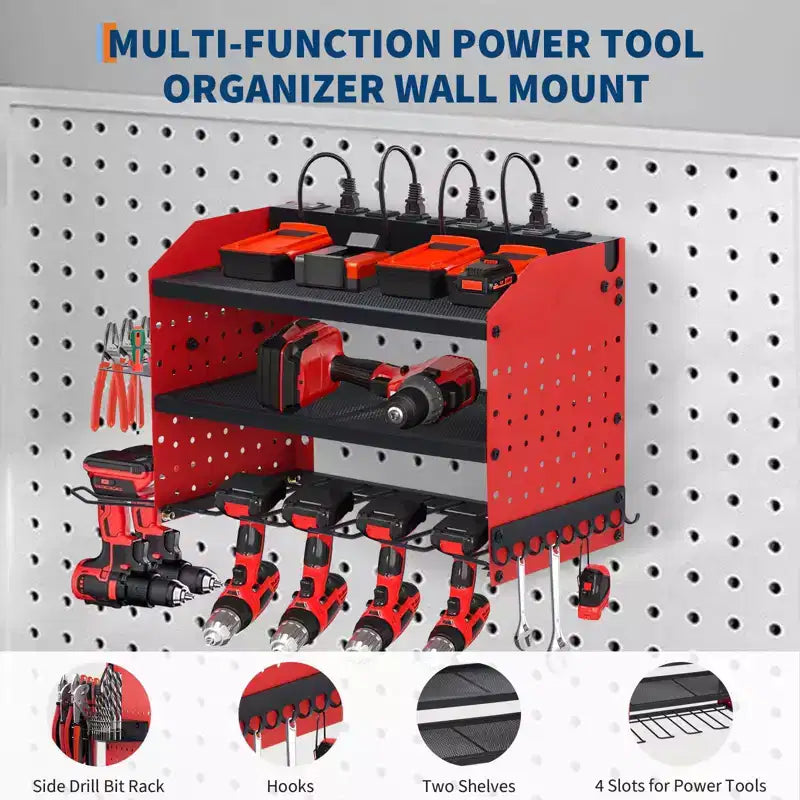 Organisateur d'outils électriques, support de perceuse mural, étagère de rangement pour perceuses robuste à 4 couches charge 180 kg, 8 supports de perceuse et porte-embouts, rangement utilitaire
