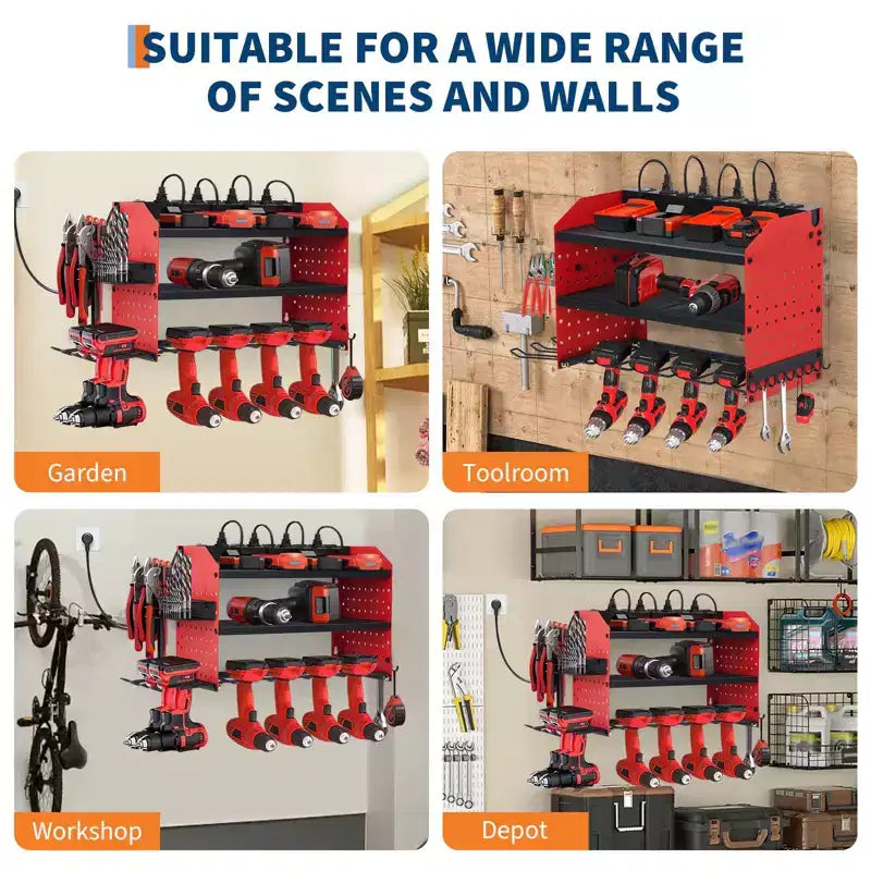Organisateur d'outils électriques, support de perceuse mural, étagère de rangement pour perceuses robuste à 4 couches charge 180 kg, 8 supports de perceuse et porte-embouts, rangement utilitaire