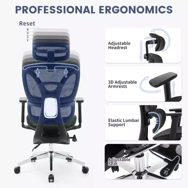 Chaise de bureau ergonomique inclinable en maille à dossier haut avec repose-pieds, soutien lombaire dynamique - Fauteuil de bureau pivotant pour la maison et le jeu, noir