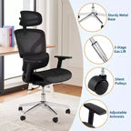 Chaise de bureau ergonomique en maille avec dossier haut, accoudoirs réglables 3D, roulettes souples, chaise d'ordinateur de bureau respirante pour de longues heures de travail, d'étude
