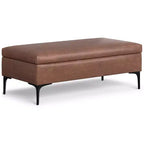 Lilah 48 inch Wide Mid Century Modern Rectangle Large Coffee Table Storage Ottoman with Lift up Lid in Distressed Saddle Brown Faux Leather