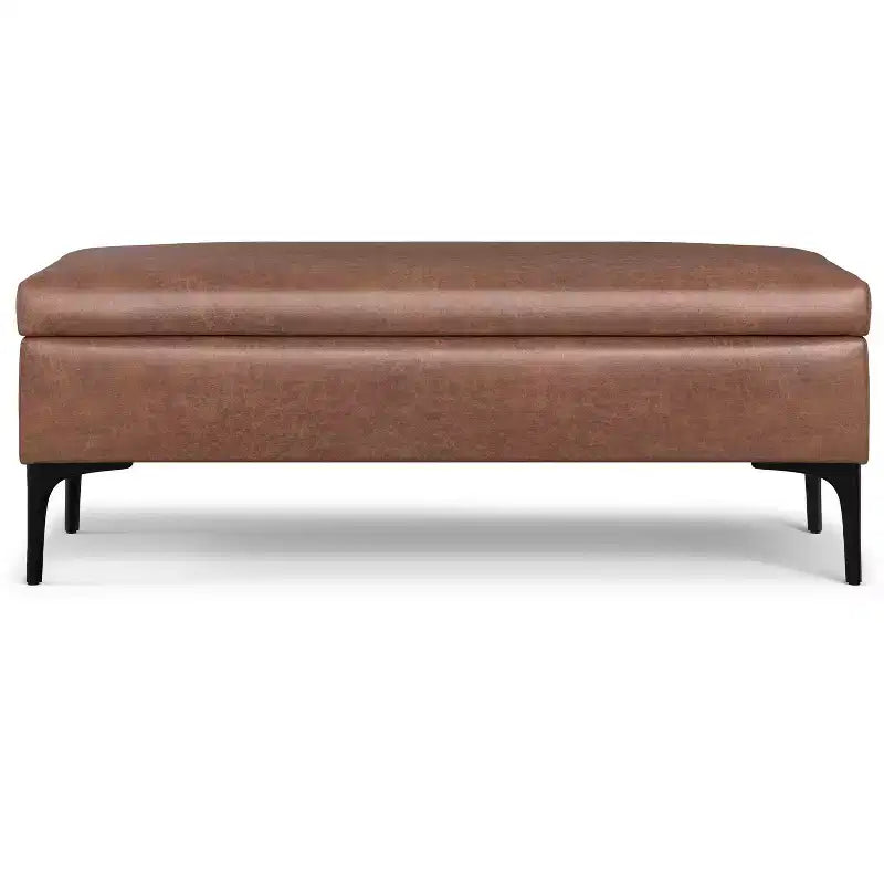 Lilah Grand pouf de rangement rectangulaire moderne du milieu du siècle de 48 pouces de large avec couvercle relevable en similicuir marron selle vieilli