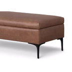 Lilah Grand pouf de rangement rectangulaire moderne du milieu du siècle de 48 pouces de large avec couvercle relevable en similicuir marron selle vieilli