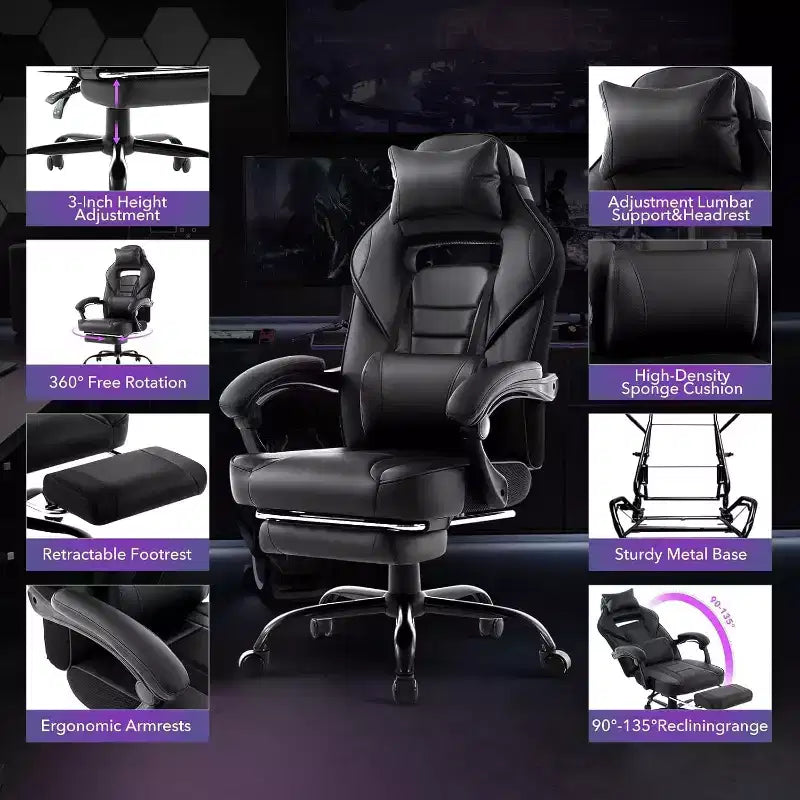 Acekool Ergonomic Gaming Chair for Adults, PU Leather, Massage Lumbar, Footrest, Adjustable, for Office or Gaming