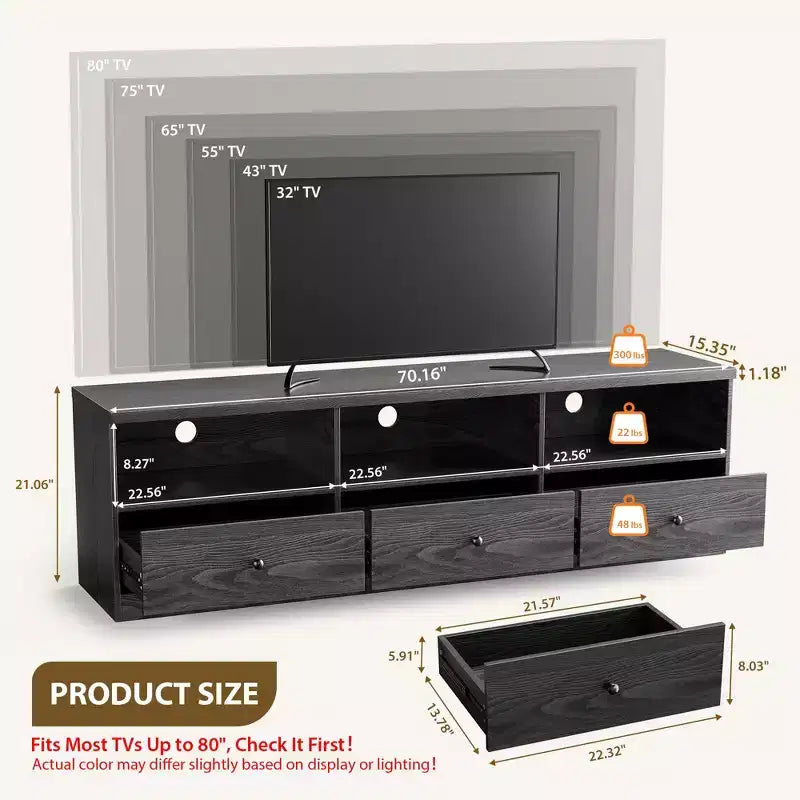 Meuble TV pour téléviseurs jusqu'à 80 pouces, centre de divertissement moderne avec grande étagère ouverte, tiroir et passe-câbles, console multimédia avec rangement