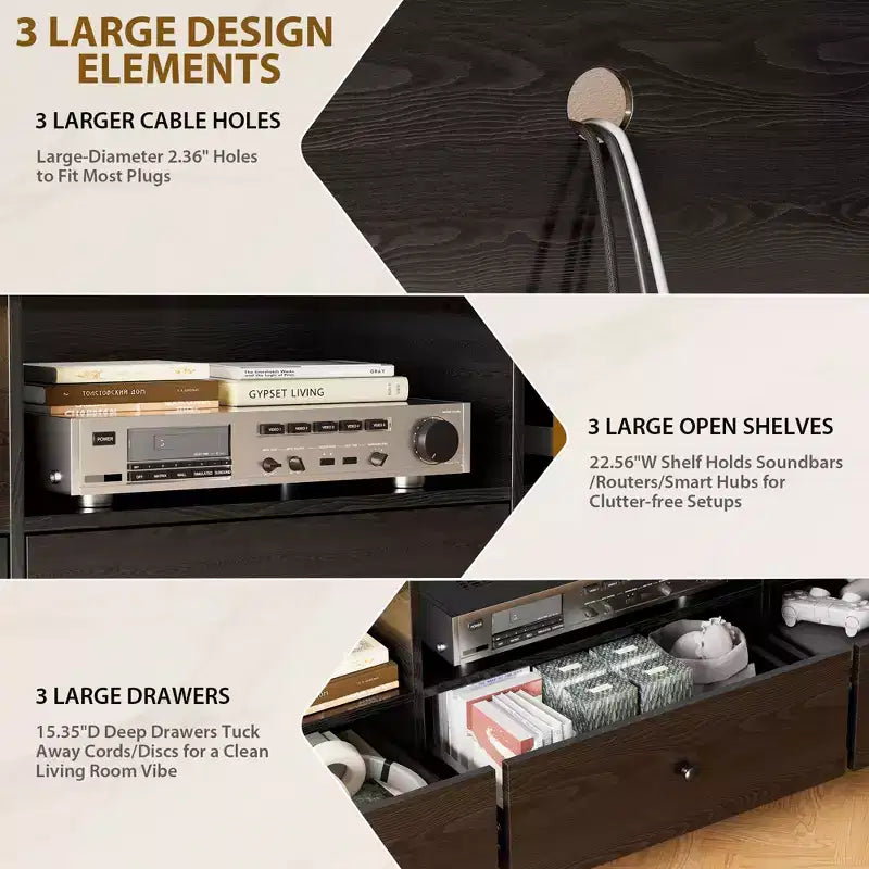 Meuble TV pour téléviseurs jusqu'à 80 pouces, centre de divertissement moderne avec grande étagère ouverte, tiroir et passe-câbles, console multimédia avec rangement