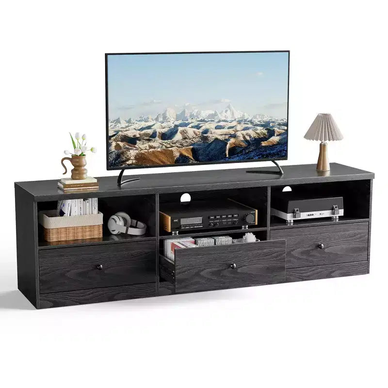 Meuble TV pour téléviseurs jusqu'à 80 pouces, centre de divertissement moderne avec grande étagère ouverte, tiroir et passe-câbles, console multimédia avec rangement
