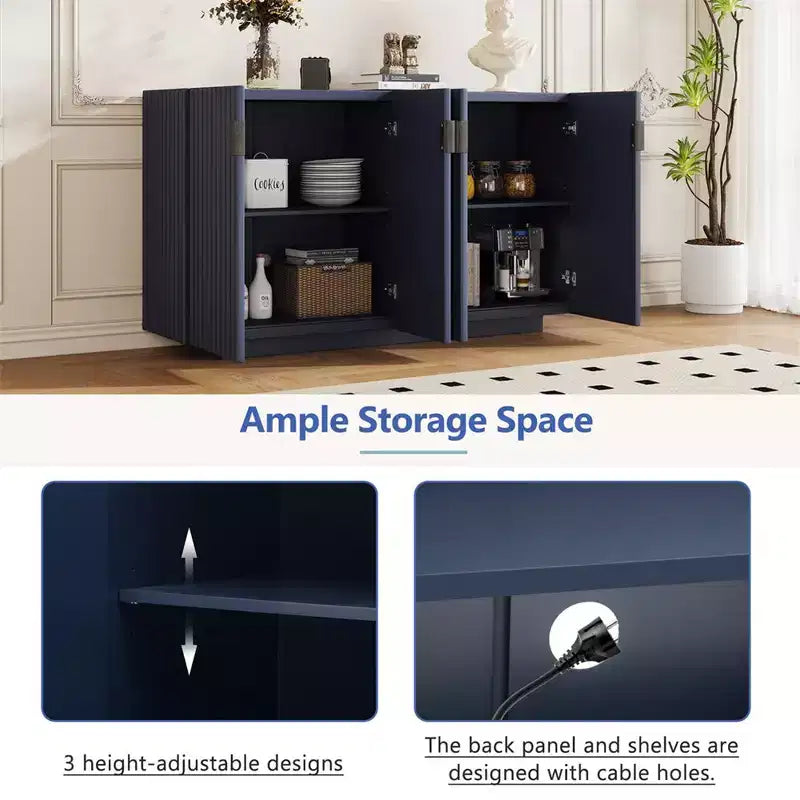 Buffet de rangement rétro 4 portes ondulées avec étagères réglables et poignées en cuivre