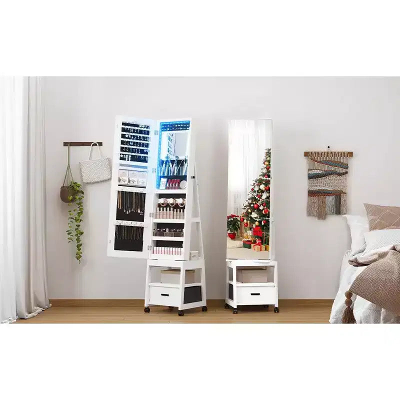 Meuble à bijoux pivotant à 360° avec lumières LED, miroir pleine longueur rotatif avec rangement à bijoux, organisateur de bijoux sur pied verrouillable