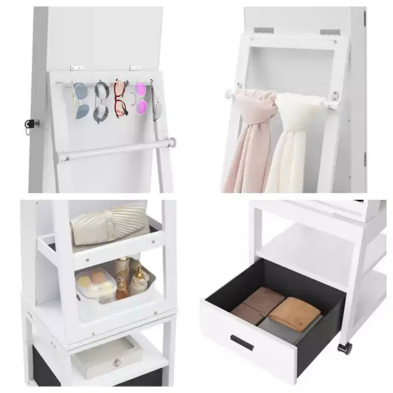 Meuble à bijoux pivotant à 360° avec lumières LED, miroir pleine longueur rotatif avec rangement à bijoux, organisateur de bijoux sur pied verrouillable