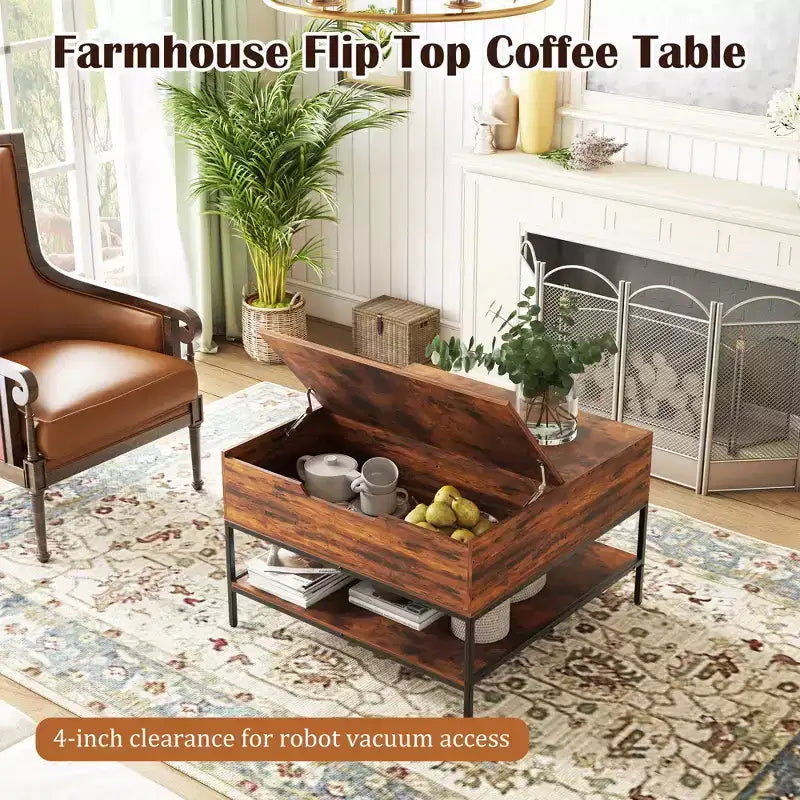 Table basse carrée à plateau relevable de 80 cm avec compartiment caché et métal noir pour salon, table d'appoint à plateau relevable, montage facile, noyer foncé