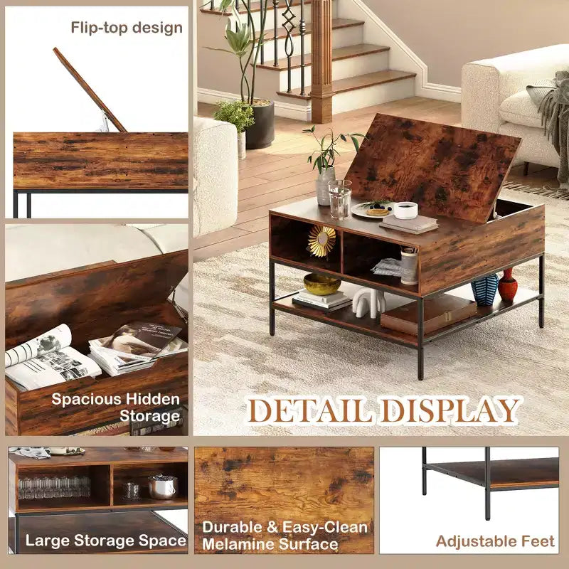 Table basse carrée à plateau relevable de 80 cm avec compartiment caché et métal noir pour salon, table d'appoint à plateau relevable, montage facile, noyer foncé