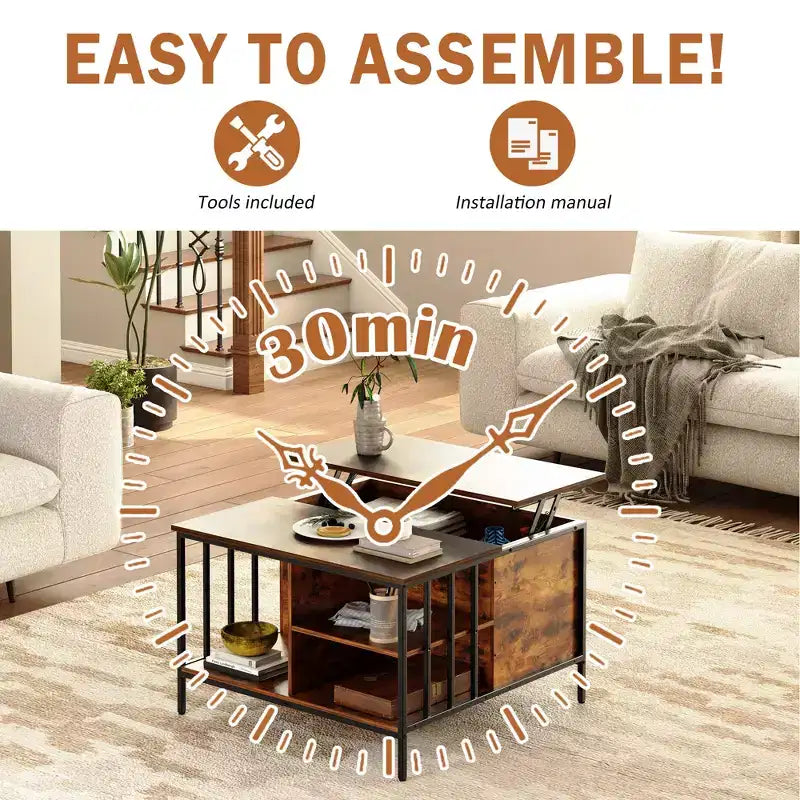 Table basse carrée à plateau relevable de 80 cm avec compartiment caché et métal noir pour salon, table d'appoint à plateau relevable, montage facile, noyer foncé