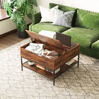 Table basse carrée à plateau relevable de 80 cm avec compartiment caché et métal noir pour salon, table d'appoint à plateau relevable, montage facile, noyer foncé