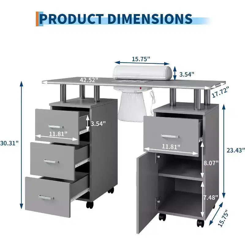 Table de manucure Acekool gris/noir, bureau de manucure avec rangement, roulettes verrouillables et collecteur de poussière pour salon ou spa