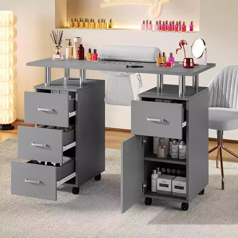 Table de manucure Acekool gris/noir, bureau de manucure avec rangement, roulettes verrouillables et collecteur de poussière pour salon ou spa