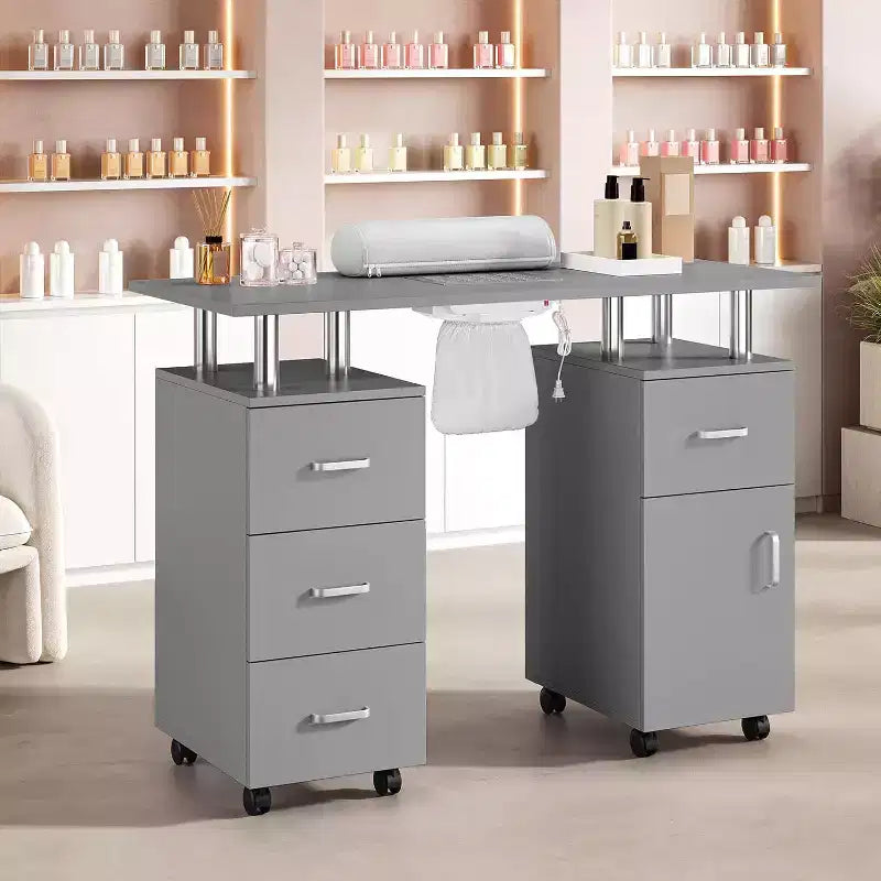 Table de manucure Acekool gris/noir, bureau de manucure avec rangement, roulettes verrouillables et collecteur de poussière pour salon ou spa