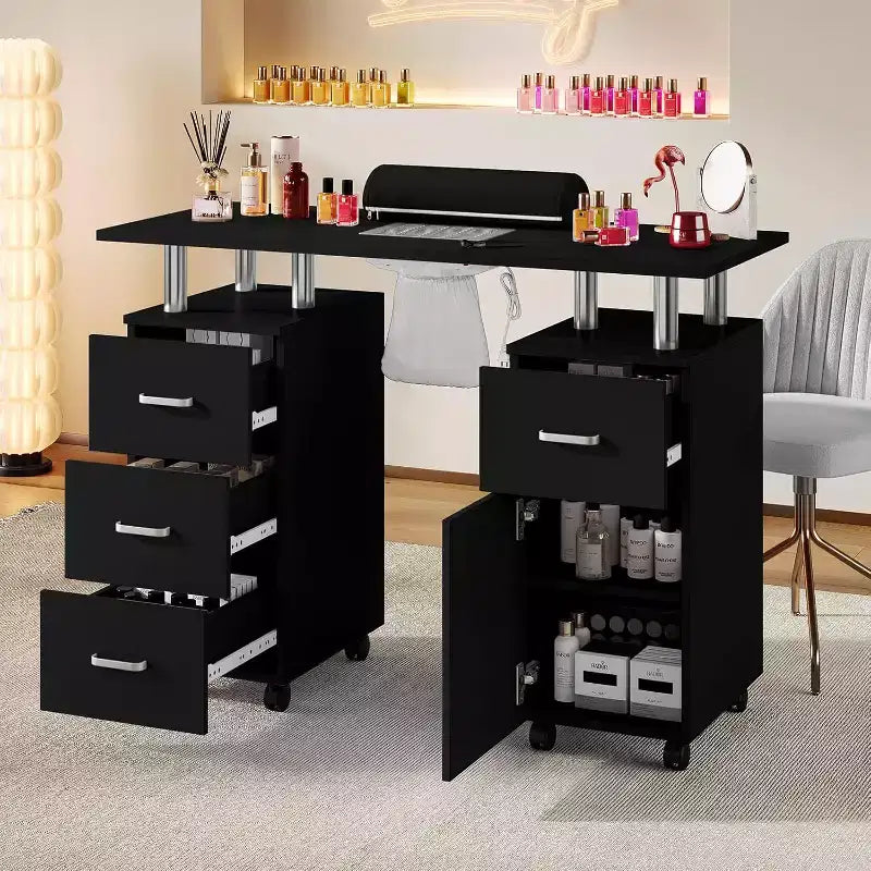 Table de manucure Acekool gris/noir, bureau de manucure avec rangement, roulettes verrouillables et collecteur de poussière pour salon ou spa